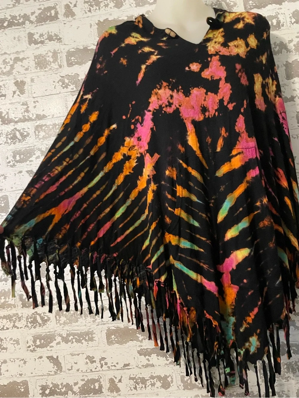 Festival Boho Tie Dye Hooded Fringe Poncho Top Kathmandu Imports One Size Cotton
